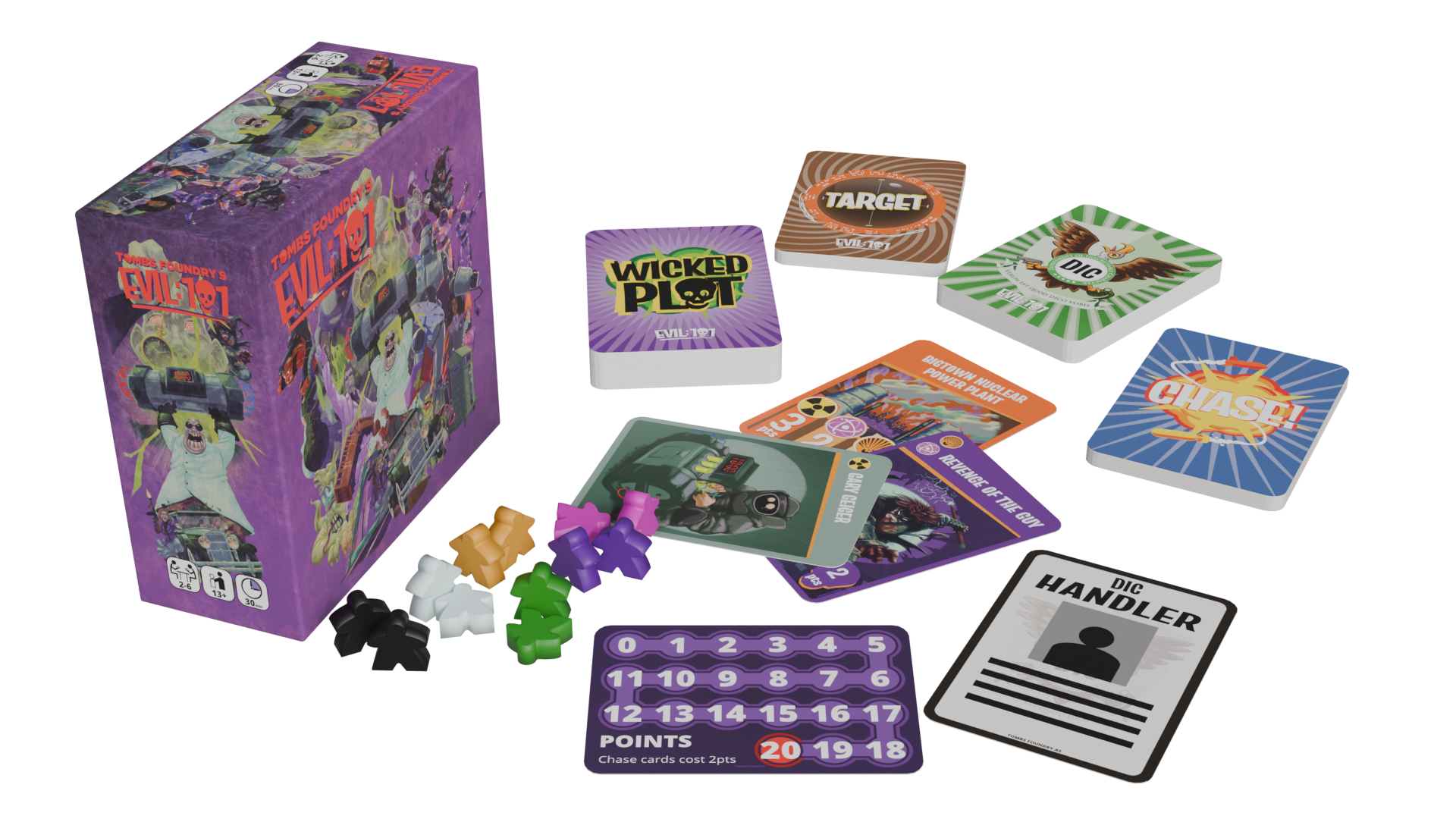 3D mockup of the game box, 12 meeples in 6 different colours, the four decks, some sample play, a Points card, and the DIC Handler ID card.